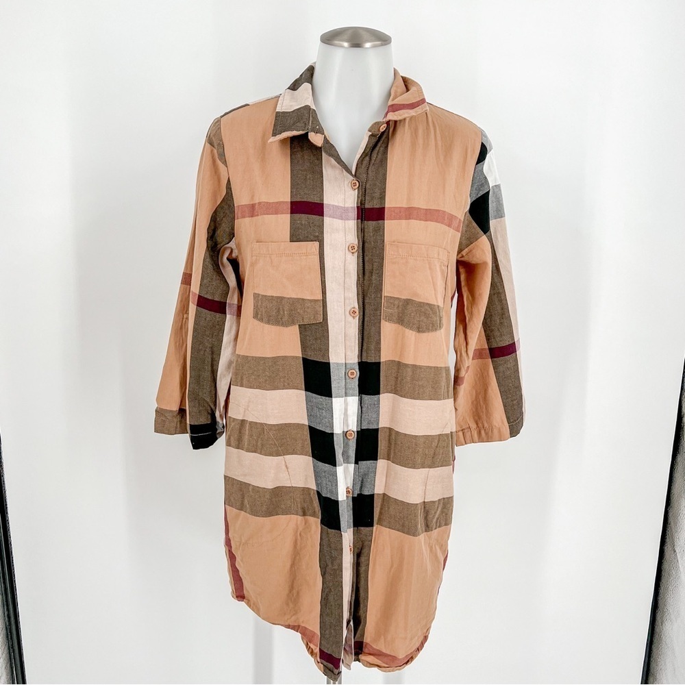 entro Peach Plaid Button-Up Mini Dress